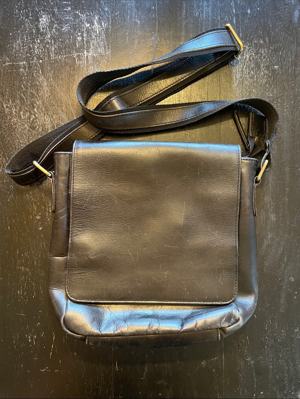 Kodiak Black Leather Messenger Bag with Gold Hardware